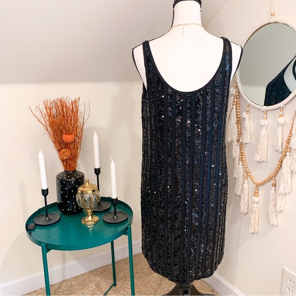INC International Concepts Black Striped Sequins Silk Flapper Shift Tank Dress - Picture 4 of 5